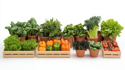 Fresh Garden Plants in Clay Pots and Baskets on White Background