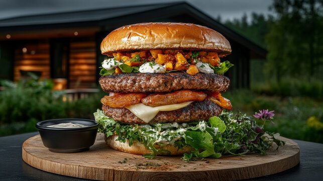 Juicy double beef burger scenic outdoor setting food photography gourmet experience close-up culinary delight