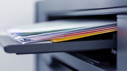 stack of organized papers rests in document scanner output tray