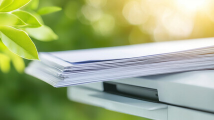 stack of organized papers sits on document scanner output tray, with sunlight filtering through leaves