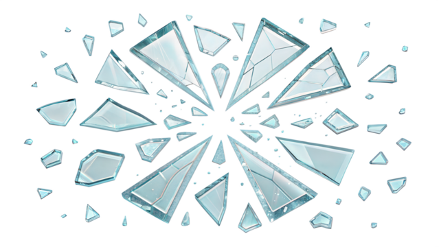 Shattered glass pieces. Pieces of broken glass isolated on transparent background.