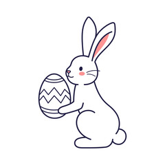 Easter character bunny, rabbit, hare holds painted egg. Vector flat design, outline illustration. Easter character icon, mascot, sticker. Easter character coloring page.