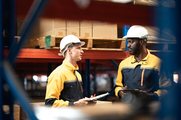 Fototapeta premium White and African American employee holding card board and tablet, having conversation working in warehouse, worker in yellow collar pointing and looking at product on shelf in logistic industry.