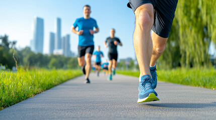 Group of Athletes Jogging Together on a Paved Path With City Skyline Background on a Sunny Day