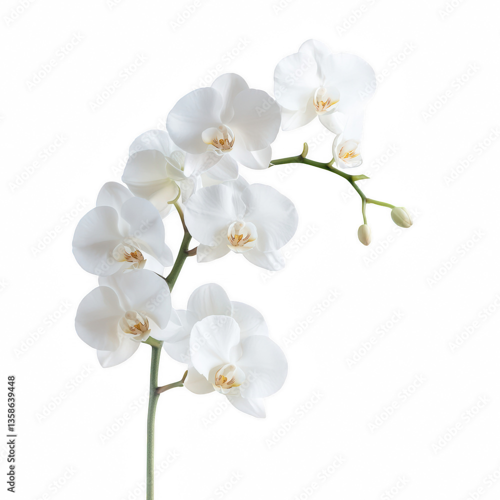 Poster a delicate branch of white orchids displaying multiple blooms and buds in an elegant arrangement.