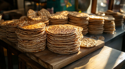 Fototapeta premium Close-up of traditional lavash bread stacked neatly with light charring. The thin, airy texture and toasty spots highlight its simplicity, ideal for wraps or as a side in modern cuisine.