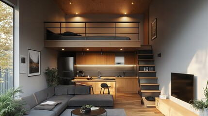 A minimalist small home interior with a loft, warm wood tones, a comfy seating area, and strategically placed lights for a cozy and modern design. 