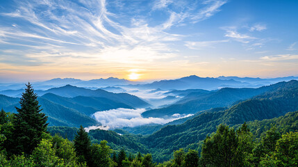 Layers of Blue Ridge Mountains at Sunrise with Fog Filled Valleys and Cirrus Cloud Streaks