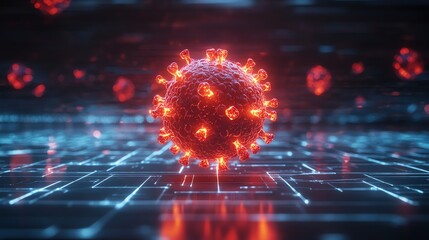 Obraz premium Glowing Coronavirus Cell on Digital Circuit Board Background