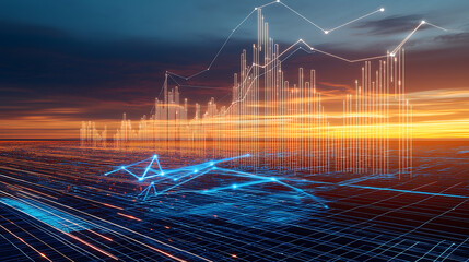 Data visualization trends in business analytics urban skyline digital art sunset ambiance futuristic perspective