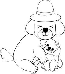 father's day dog dad and baby cub coloring page in flat cartoon outline style black and white