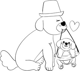 Father's Day Dog Dad Put on a hat and Baby coloring page Illustration in Cute Cartoon Flat Design