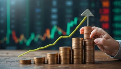 Growing economy investment income objective and goal raise achievement on development strategy—hand growth arrow symbol company up background of success graph financial profit stock diagram...