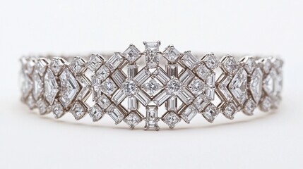 A dazzling diamond bracelet with a vintage art deco design, artistically positioned on a white backdrop.