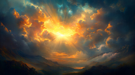 Naklejka premium atmosphere, calmness, celestial, colourful, dawn, dramatic, exploration, fluffy, glow, gold, heavenly, horizon, illumination, imagination, magical, peace, peaceful, ray, scenery, serenity, sunrise,