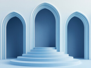 3d render, minimal background for product presentation, blue and white pastel colors, stage with arches and podiums, simple vector scene.
