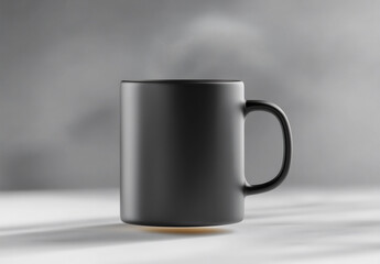 Obraz premium 3d render mockup of a black mug flying on a white background. minimal design, mug with a handle and base, simple shape, minimalism. isolated scene,