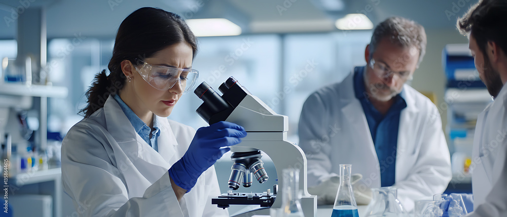 Poster scientific research in a laboratory setting scientists analyzing samples microscope examination prof