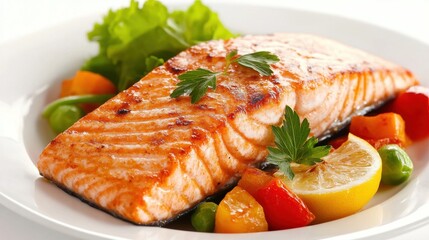 A grilled salmon fillet with crispy skin, served with roasted vegetables and a citrus glaze.