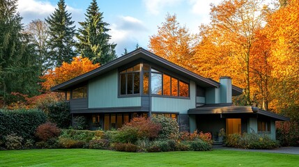 A picturesque light green modern house with two stories, a manicured yard, and a border of tall autumn trees glowing in the soft fall sunlight. 