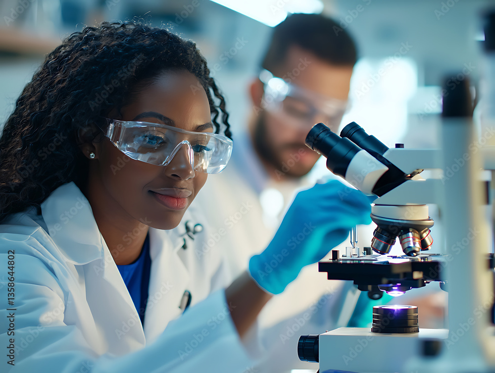 Poster laboratory research action by scientists university environment close-up viewpoint scientific concep