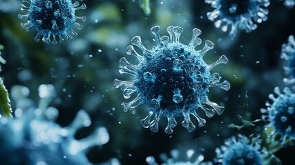 Microscopic View of Coronavirus Cells Floating in a Dark Environment