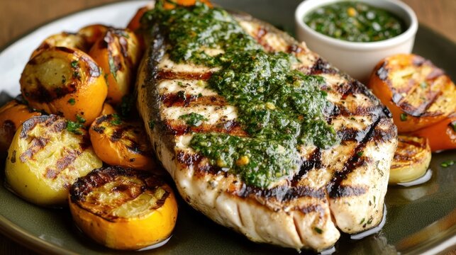 A grilled swordfish steak with a zesty herb sauce and roasted vegetables.