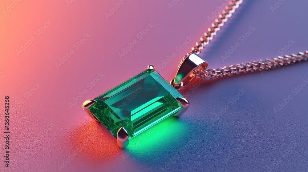Poster a high-end emerald pendant glowing softly on a smooth pastel gradient background with subtle lightin