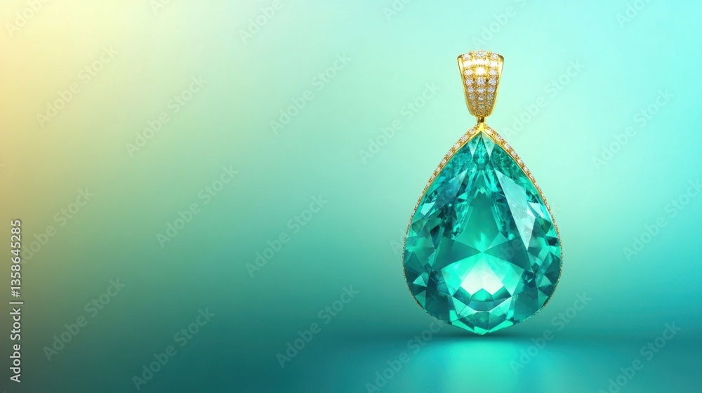 Poster a high-end emerald pendant glowing softly on a smooth pastel gradient background with subtle lightin