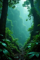 Misty tropical forest with lush green foliage in dense jungle nature background,  tropical forest,  misty