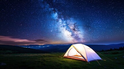 A tent illuminated by warm light under the Milky Way, creating a cozy camping vibe with blank areas for promotional content,