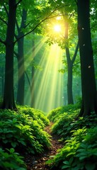 Lush green forest illuminated by the sun's rays, creating a magical and serene atmosphere in nature,  lush,  scenery
