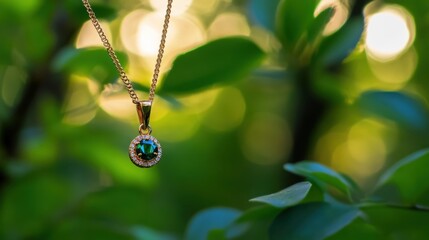 A luxurious emerald solitaire pendant displayed against a rich forest-green background.