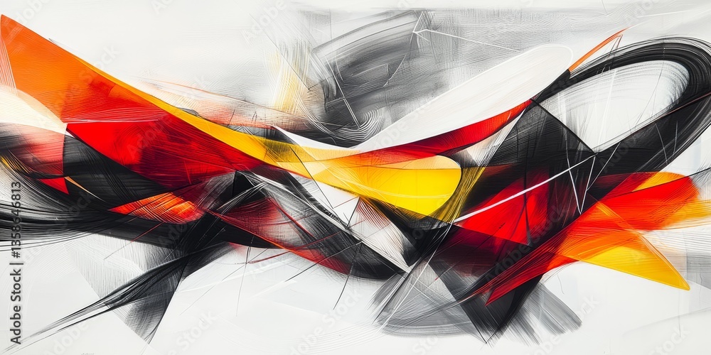 Poster vibrant abstract artwork with dynamic lines and bold colors capturing movement and emotion in a cont