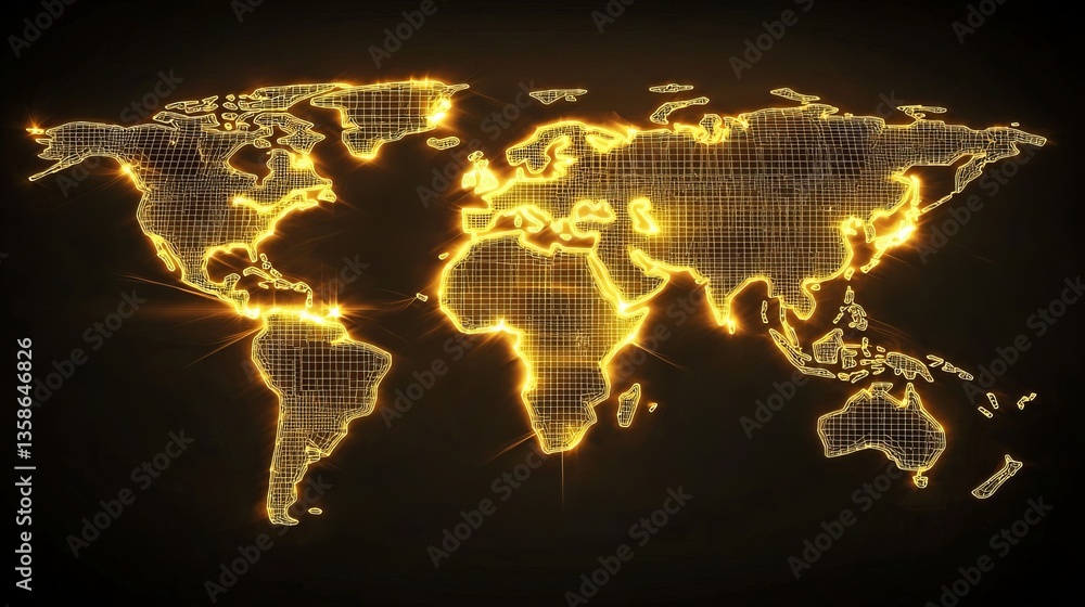Poster illuminated world map design showcasing continents and oceans with a digital grid pattern against a 