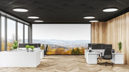 Fototapeta premium Bright and modern office interior with a breathtaking panoramic view of the surrounding mountains offering a serene and inspiring work environment
