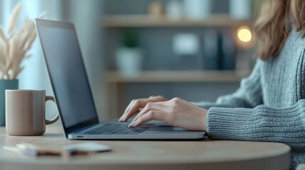 Fototapeta premium Cozy and comfortable home office workspace with a laptop computer on a desk in a warm inviting setting The scene depicts a productive efficient work environment ideal for remote or freelance work