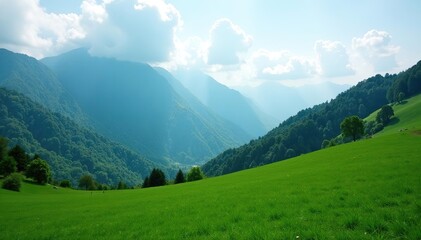 Fototapeta premium Lush green mountain landscape with misty clouds in the sky, beauty, misty clouds