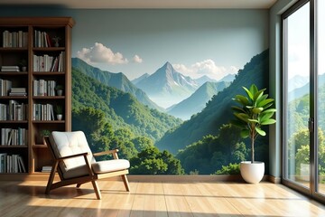 Mountains and trees bookshelf background of virtual retirement study room with windows for webinar video calls and teams meeting,  bookshelf,  study room