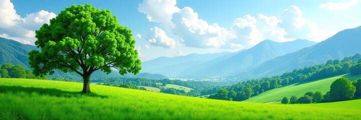 Obraz premium Lush green tree standing tall in the foreground with vibrant green fields stretching out beneath it, leading towards majestic mountains in the distance, mountains, nature