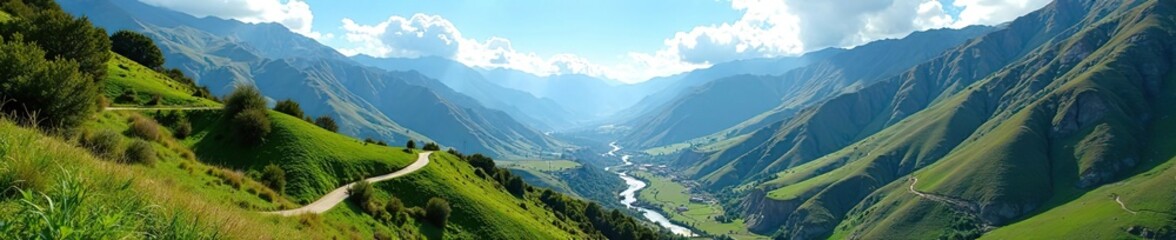 Fototapeta premium Lush green valleys with winding rivers and towering mountains under a clear blue sky in the Sacred Valley of Cusco, Peru, nature, adventure