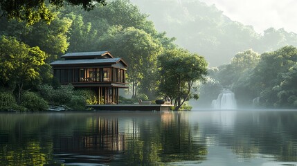 Fototapeta premium A serene house perched on the edge of a tranquil lake, its reflection shimmering in the still water, surrounded by lush greenery 