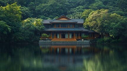 Obraz premium A serene house perched on the edge of a tranquil lake, its reflection shimmering in the still water, surrounded by lush greenery. 