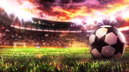 Fototapeta premium Dramatic soccer stadium scene with a glowing soccer ball on the grass field under bright floodlights and a dramatic fiery sky with cheering fans in the stands