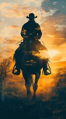 Fototapeta premium Cowboy riding horse at sunset.