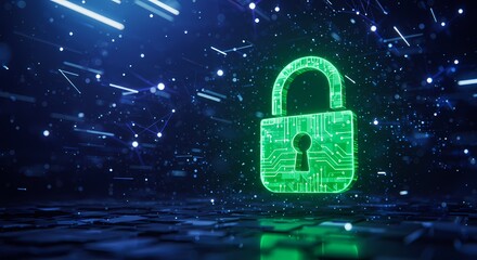 Digital green lock symbol representing cybersecurity  