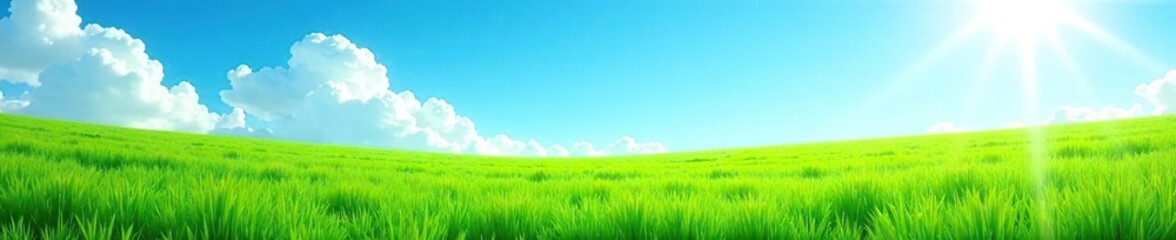 Fototapeta premium Lush spring green grass background under a sunny summer blue sky, beauty, growth