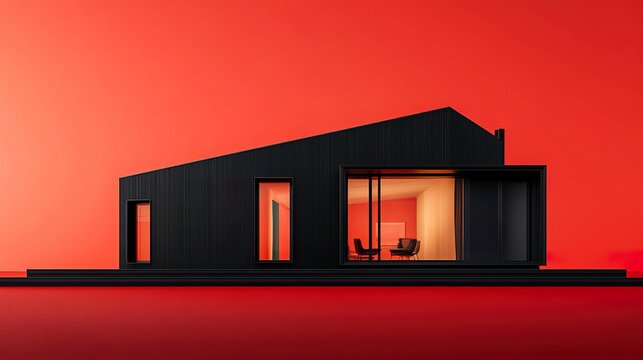 A sleek black 3D-rendered house with open windows and doors, its geometric design highlighted by the stark red background for dramatic effect. 