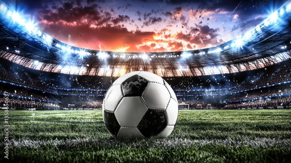 Aufkleber electrifying soccer match taking place in a large modern stadium with a breathtaking sunset sky over