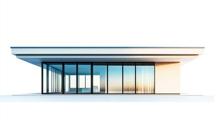 A sleek modern house with clean lines, large glass windows, and a flat roof, isolated on a bright white background for a crisp and minimalist look. 